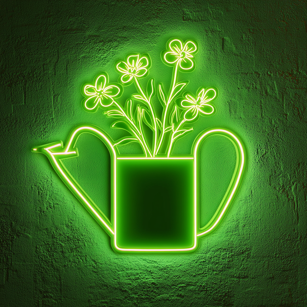 Watering Can with Flowers - Green Neon Sign, 18 Inches