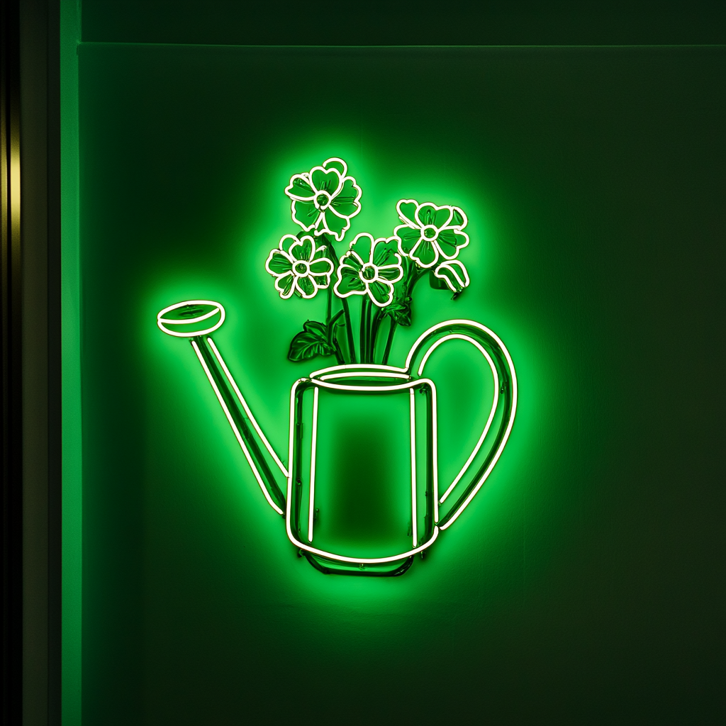 Watering Can with Flowers - Green Neon Sign, 24 Inches