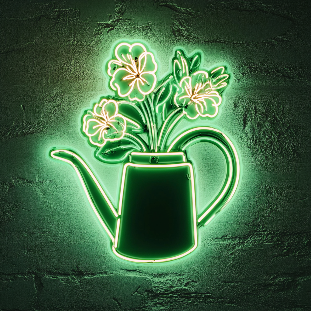 Watering Can with Flowers - Green Neon Sign, 24 Inches