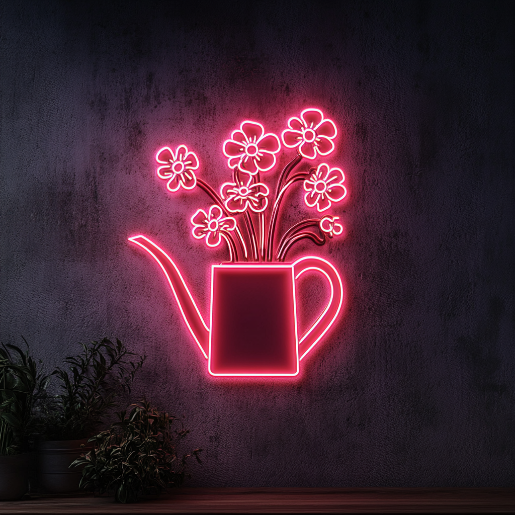 Watering Can with Flowers - Pink Neon Sign, 24 Inches