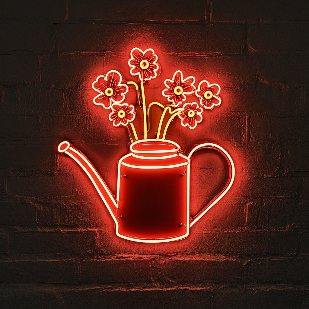 Watering Can with Flowers - Red Neon Sign, 18 Inches