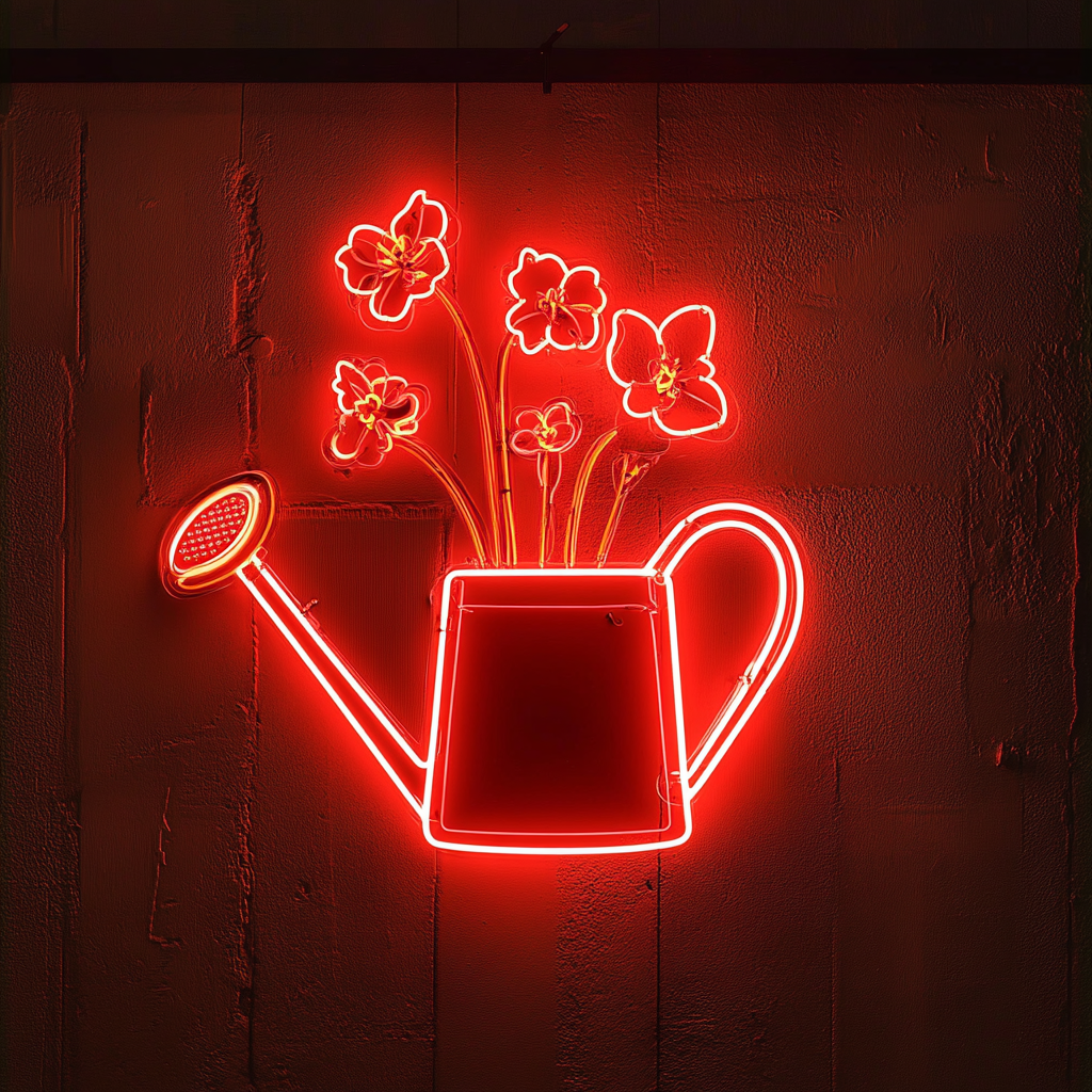 Watering Can with Flowers - Red Neon Sign, 18 Inches