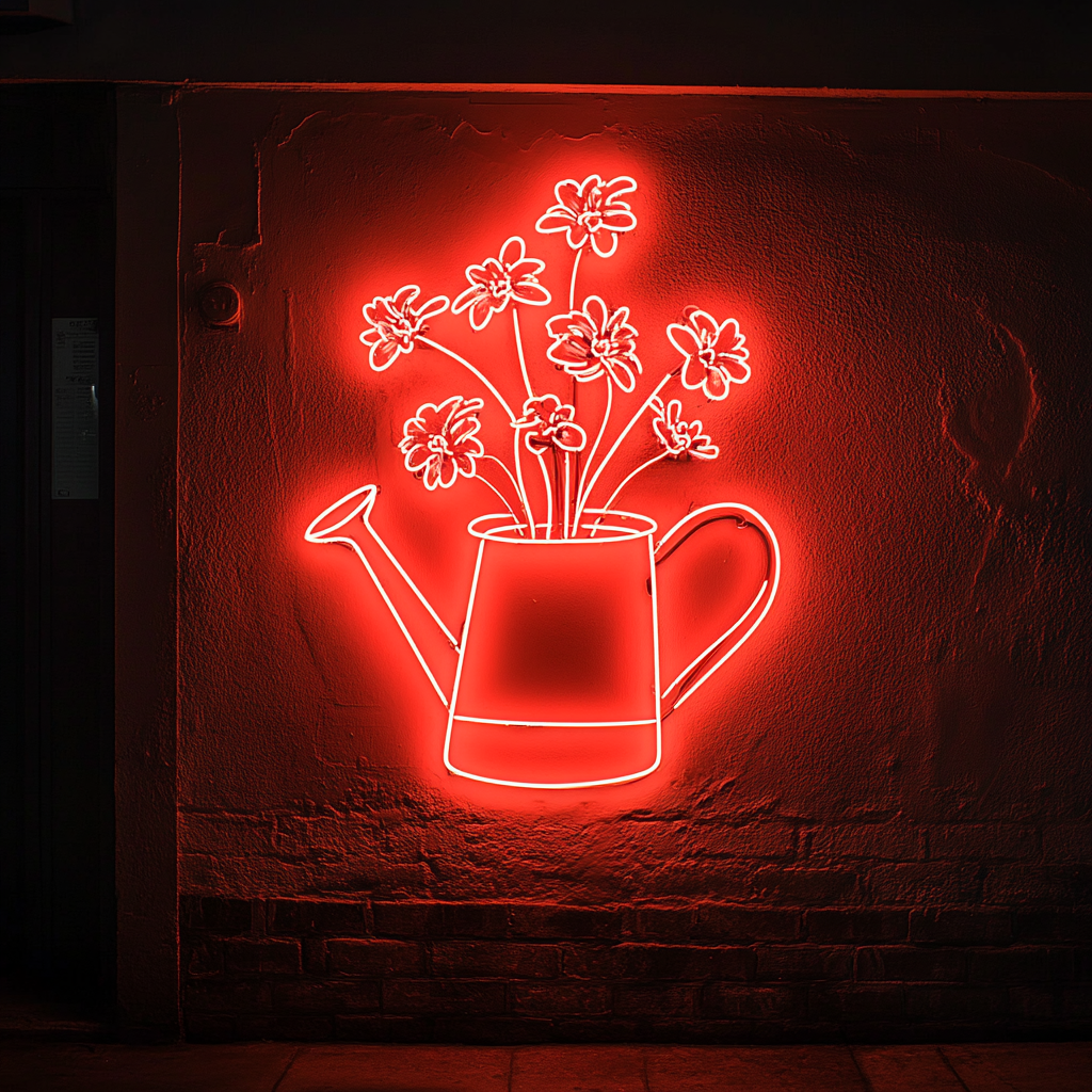 Watering Can with Flowers - Red Neon Sign, 24 Inches
