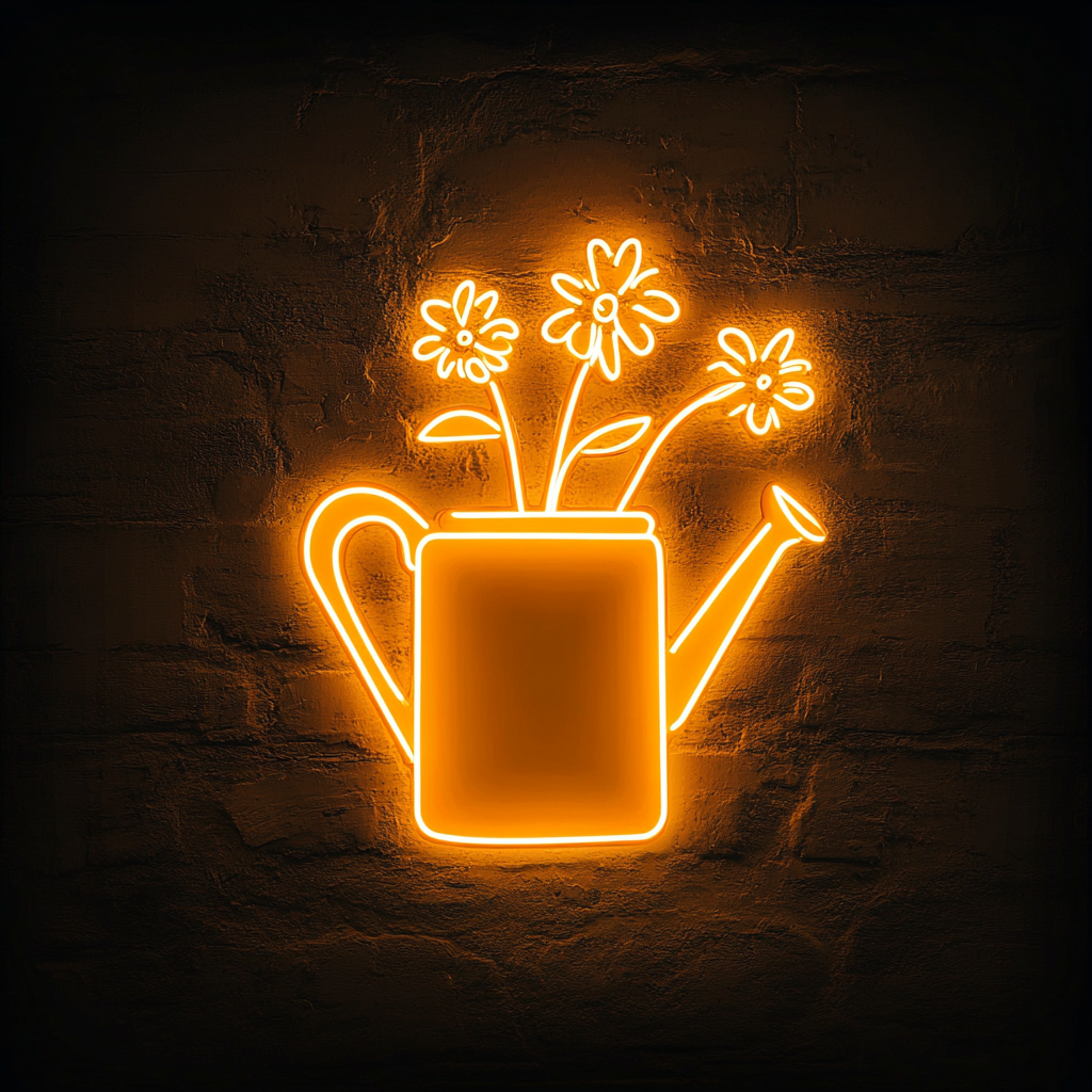 Watering Can with Flowers - Yellow Neon Sign, 24 Inches