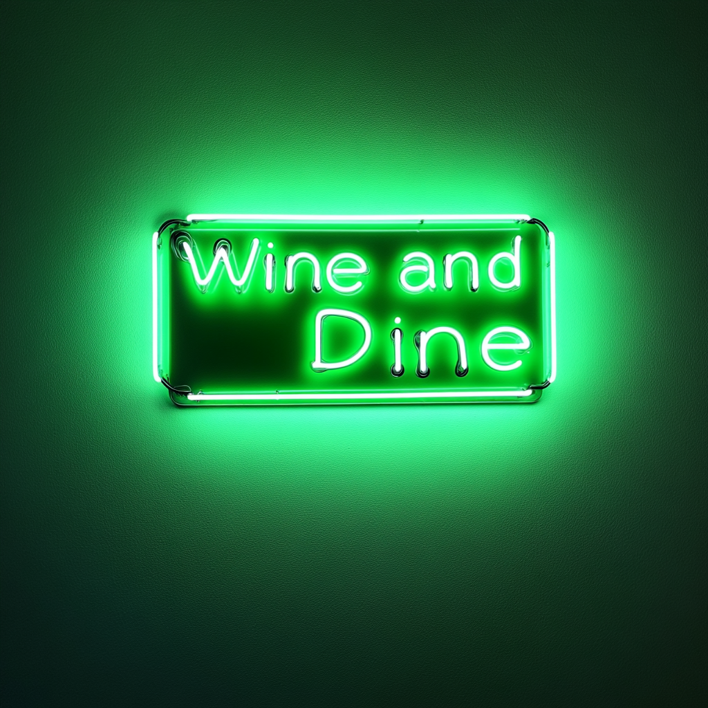 "Wine and Dine" - Green Neon Sign, 18 Inches