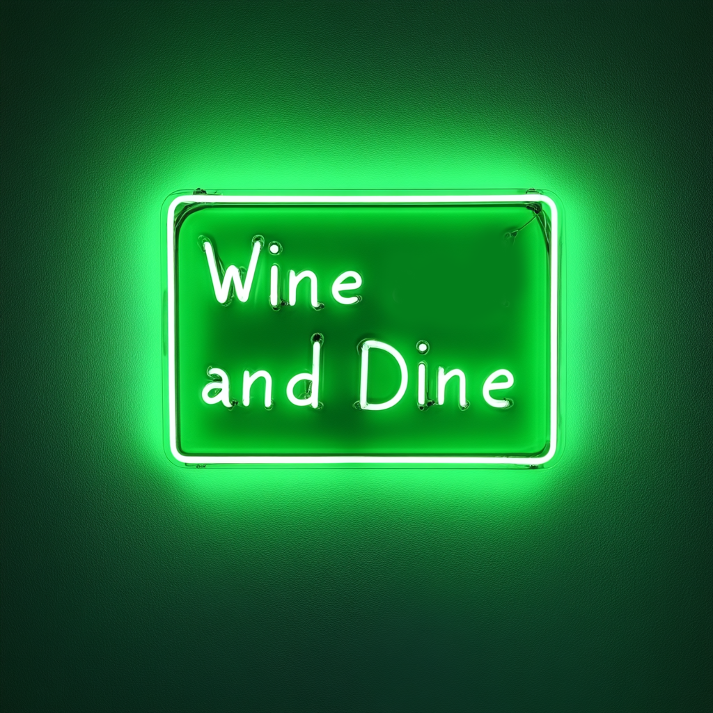 "Wine and Dine" - Green Neon Sign, 18 Inches