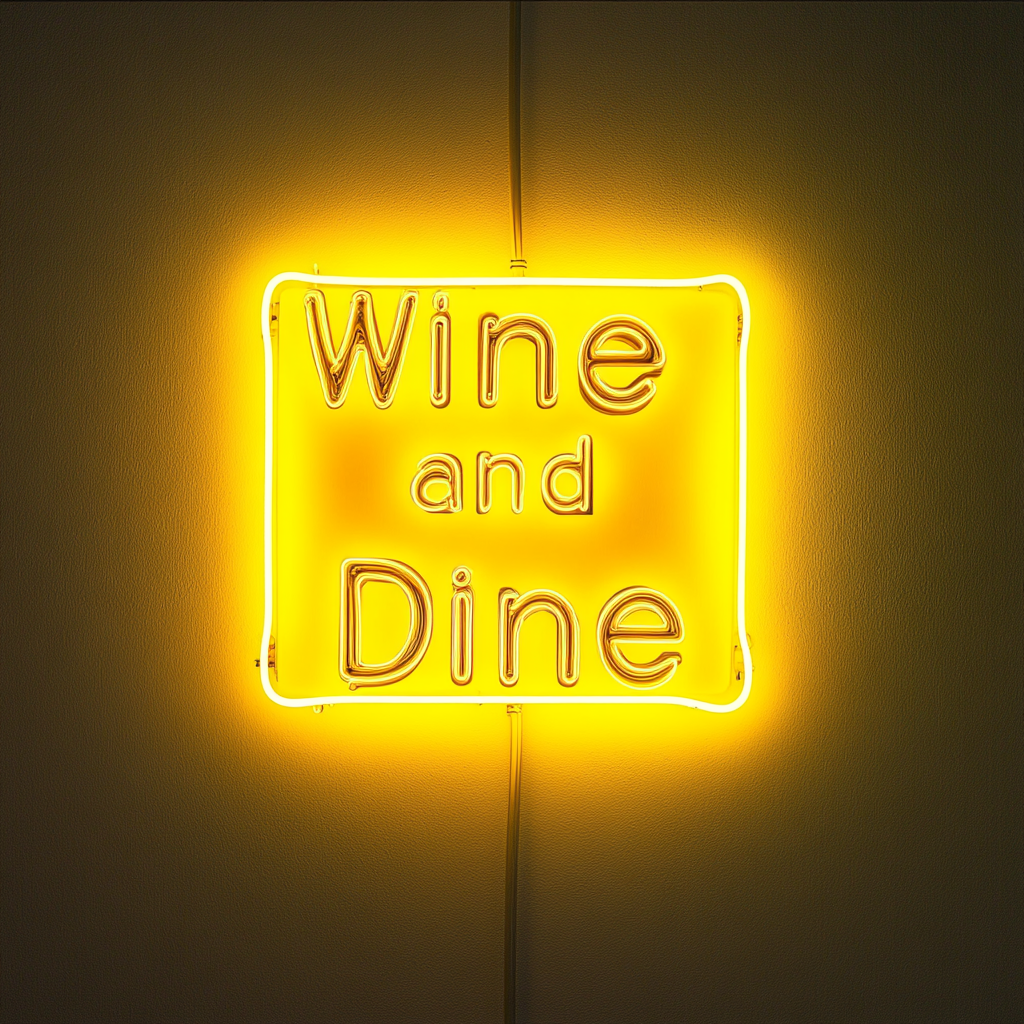 "Wine and Dine" - Yellow Neon Sign, 18 Inches
