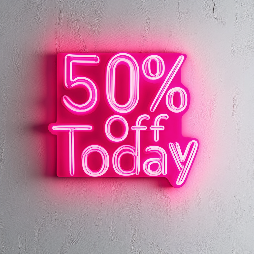 "50% Off Today" - Pink Neon Sign, 24 Inches