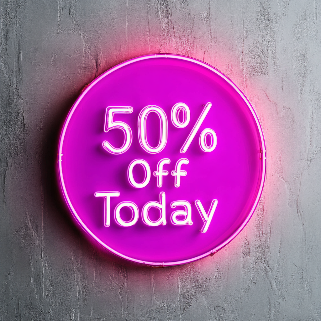 "50% Off Today" - Pink Neon Sign, 24 Inches