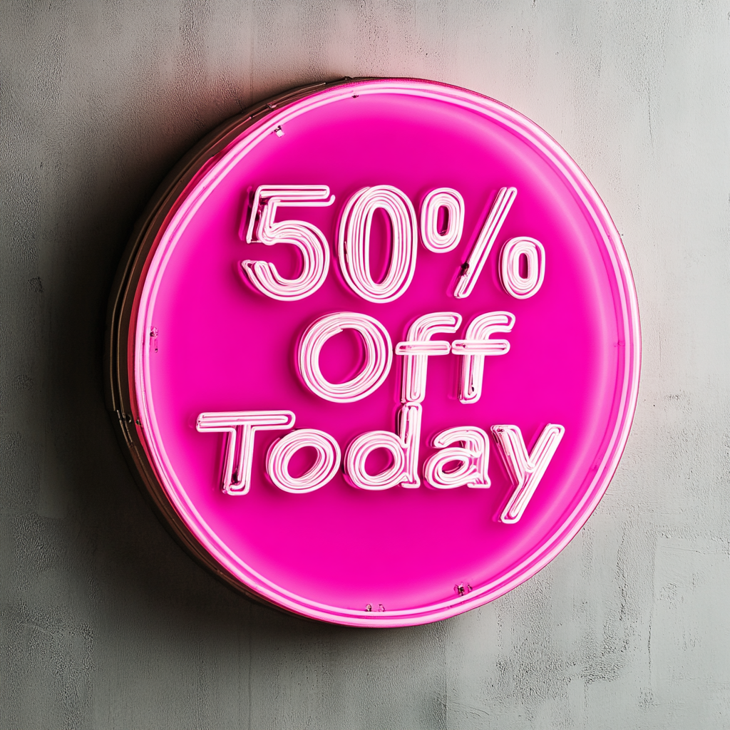 "50% Off Today" - Pink Neon Sign, 24 Inches