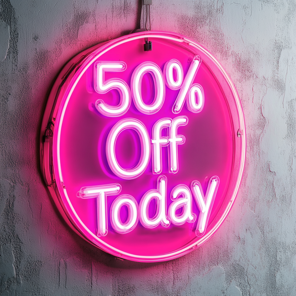 "50% Off Today" - Pink Neon Sign, 24 Inches