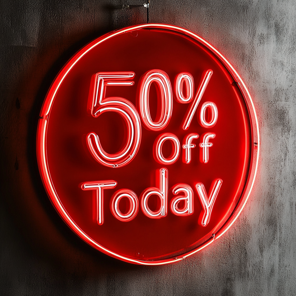 "50% Off Today" - Red Neon Sign, 24 Inches