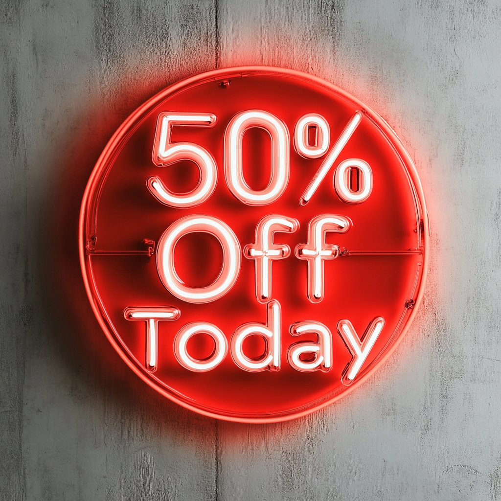 "50% Off Today" - Red Neon Sign, 24 Inches