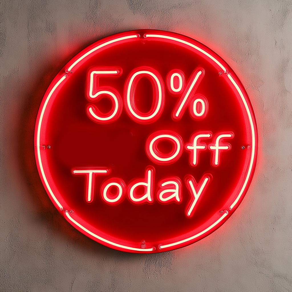 "50% Off Today" - Red Neon Sign, 24 Inches