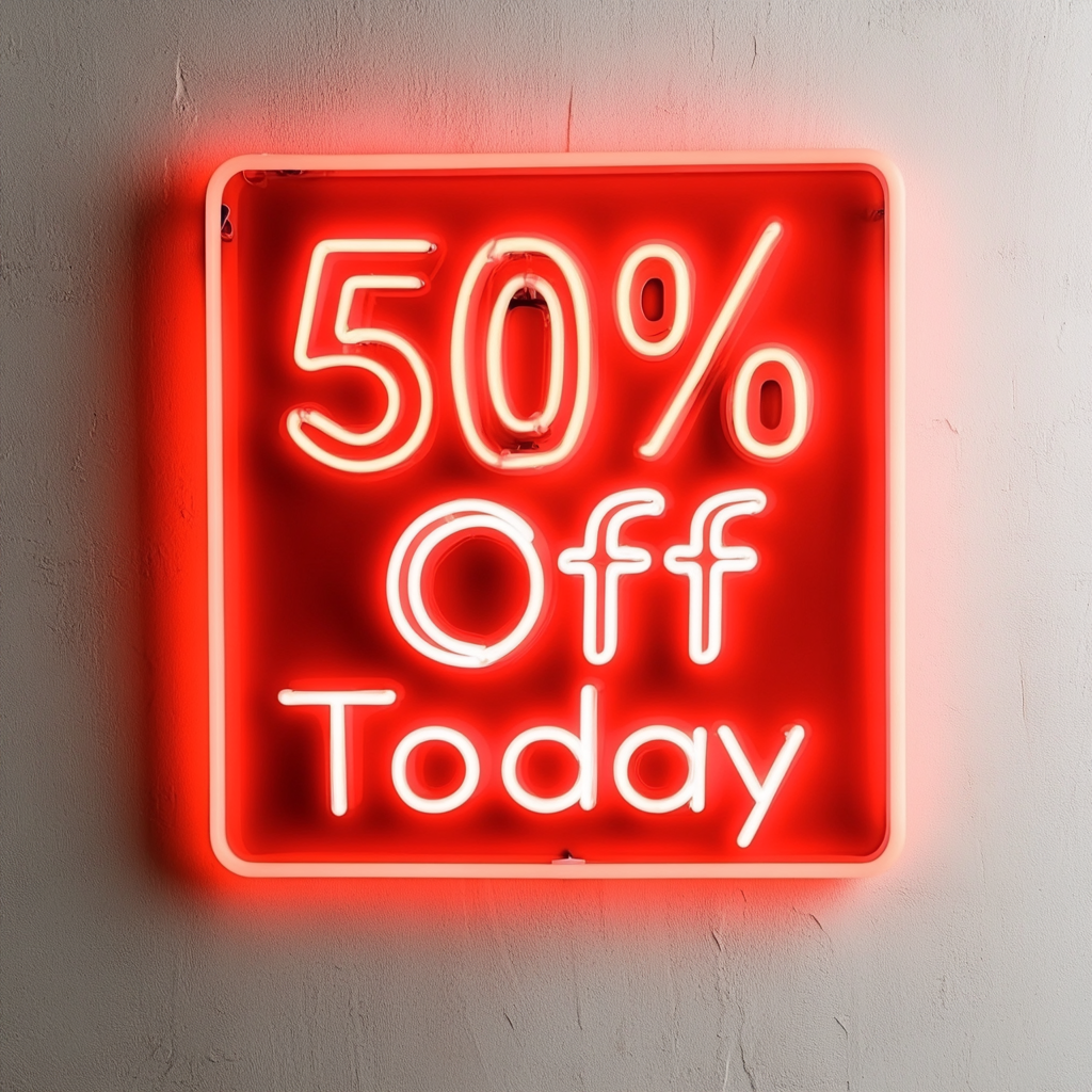 "50% Off Today" - Red Neon Sign, 24 Inches