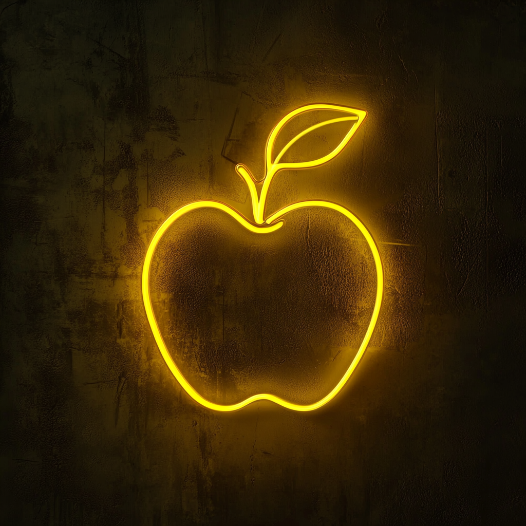 Apple with Leaf - Yellow Neon Sign, 18 Inches
