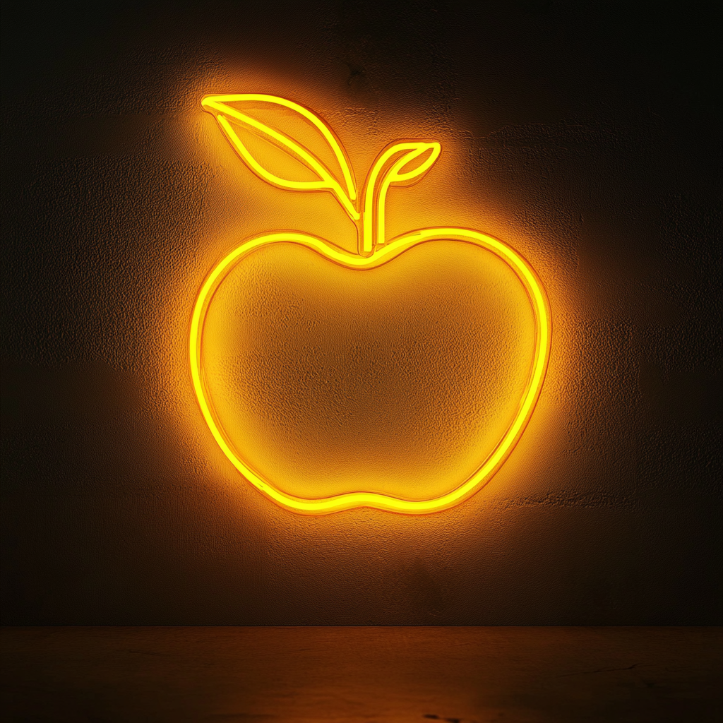 Apple with Leaf - Yellow Neon Sign, 18 Inches