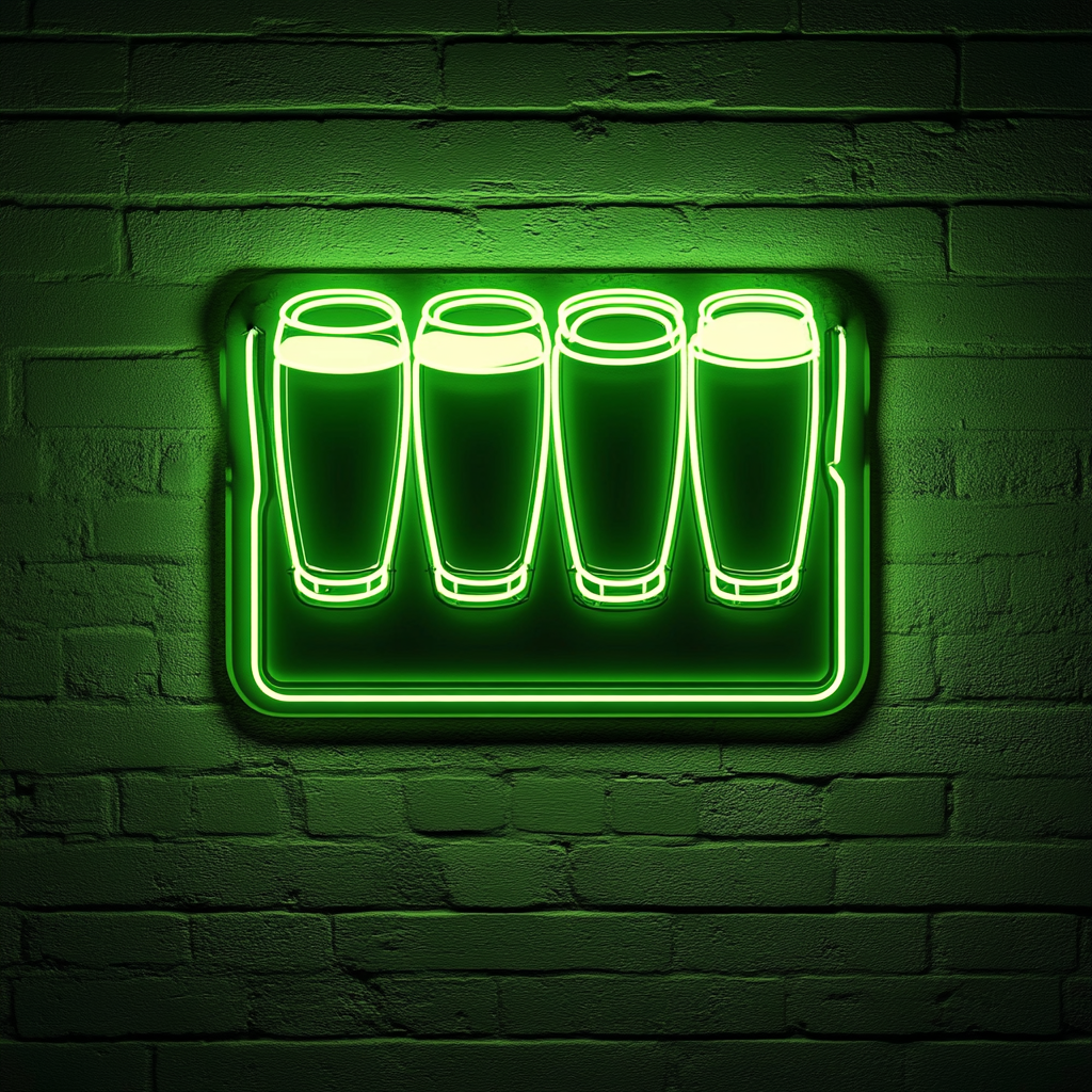 Beer Flight with Four Glasses - Green Neon Sign, 18 Inches