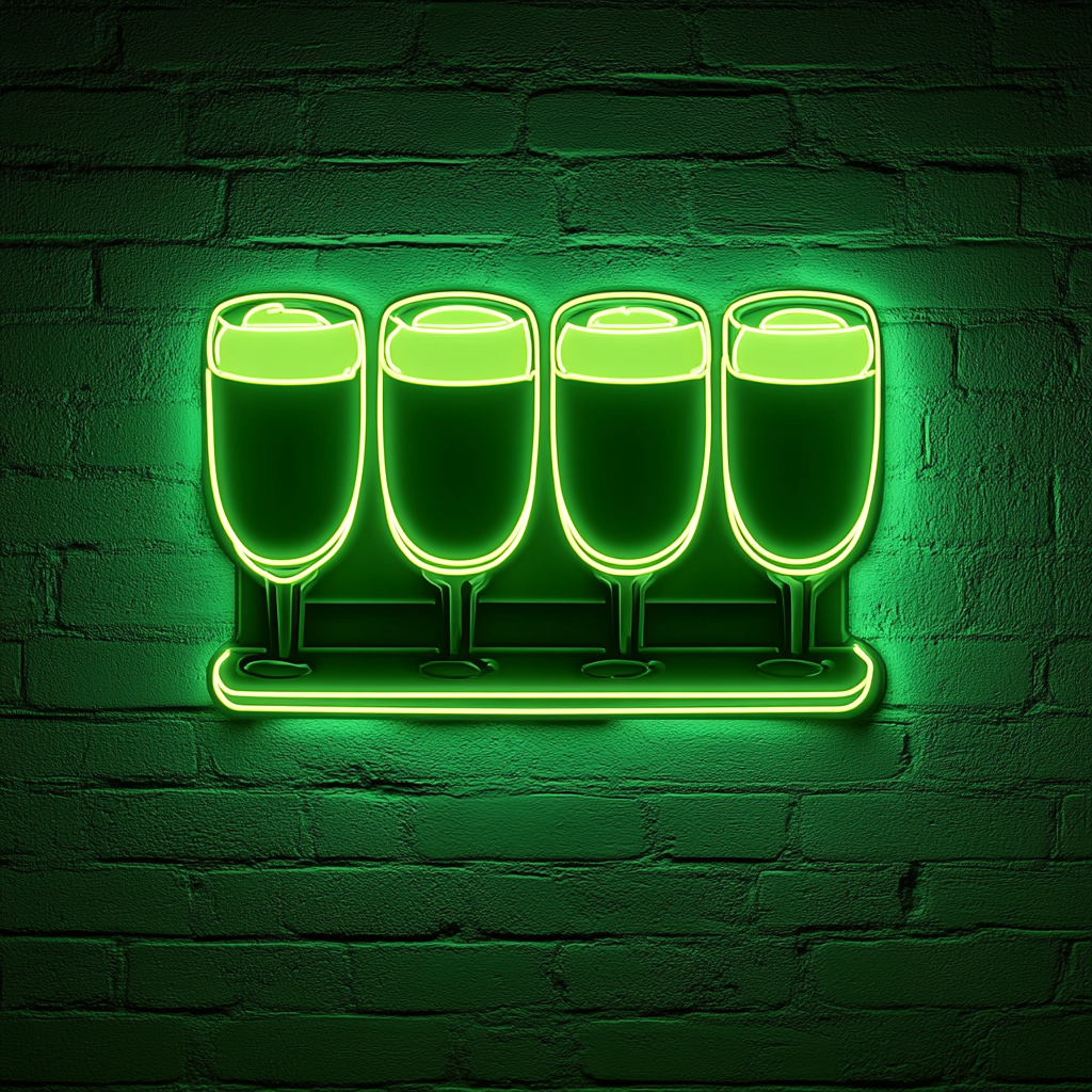 Beer Flight with Four Glasses - Green Neon Sign, 18 Inches