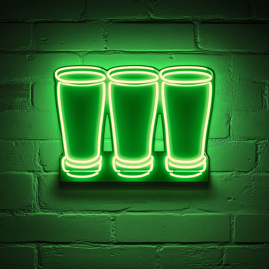 Beer Flight with Four Glasses - Green Neon Sign, 18 Inches