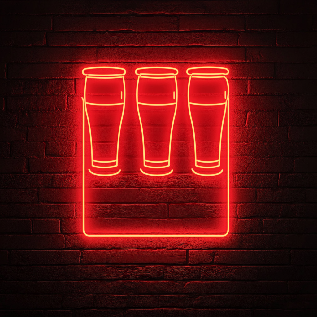 Beer Flight with Four Glasses - Red Neon Sign, 18 Inches