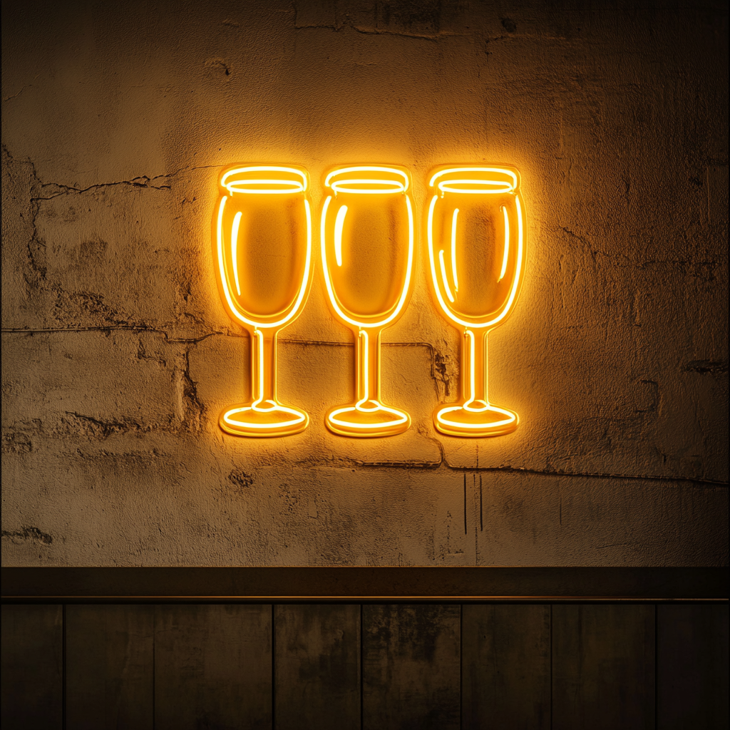 Beer Flight with Four Glasses - Yellow Neon Sign, 24 Inches