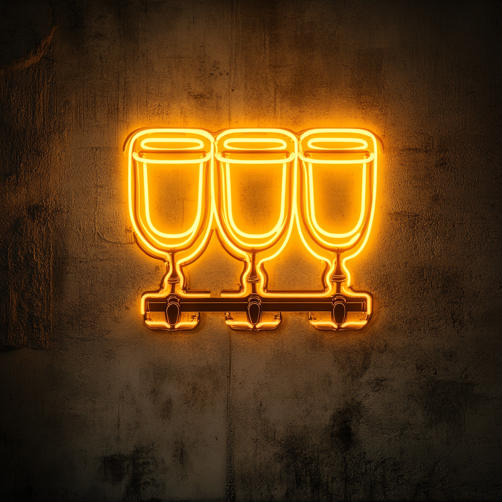 Beer Flight with Four Glasses - Yellow Neon Sign, 18 Inches