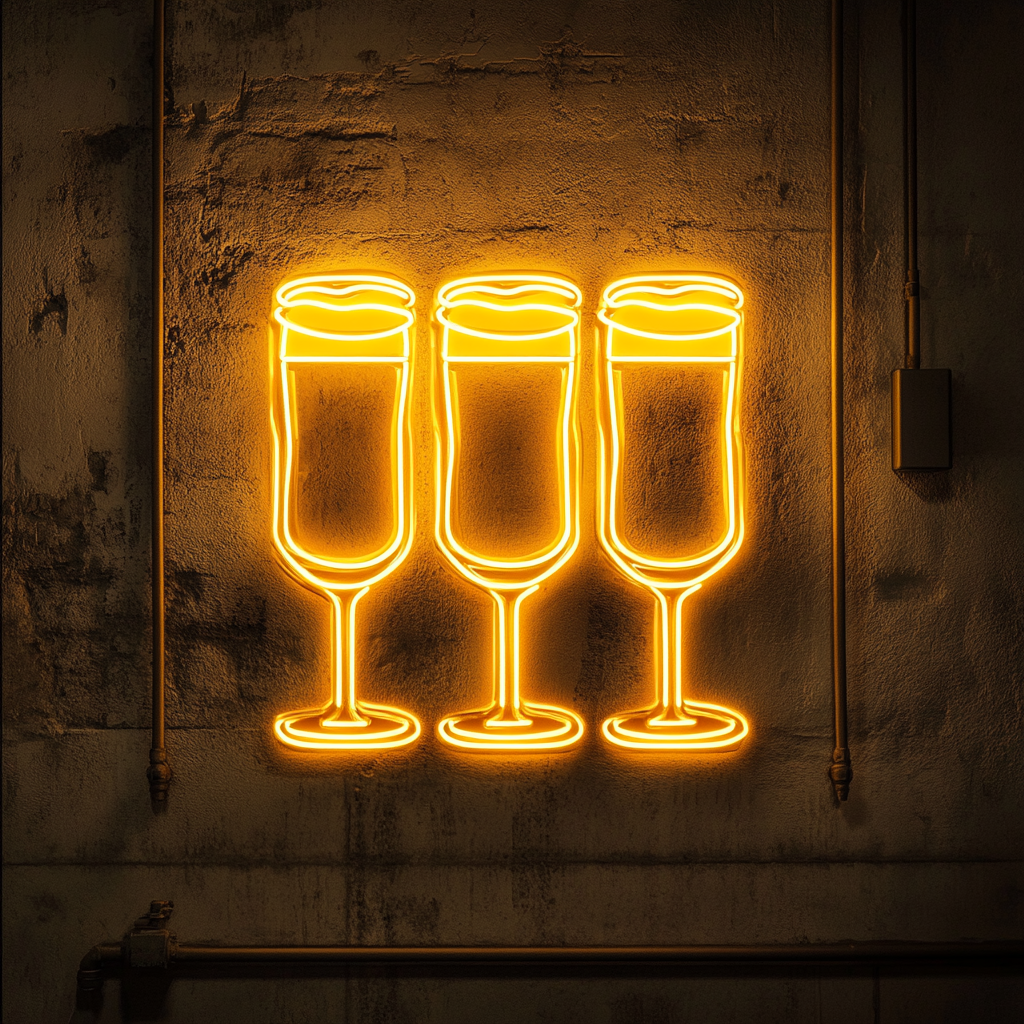 Beer Flight with Four Glasses - Yellow Neon Sign, 24 Inches
