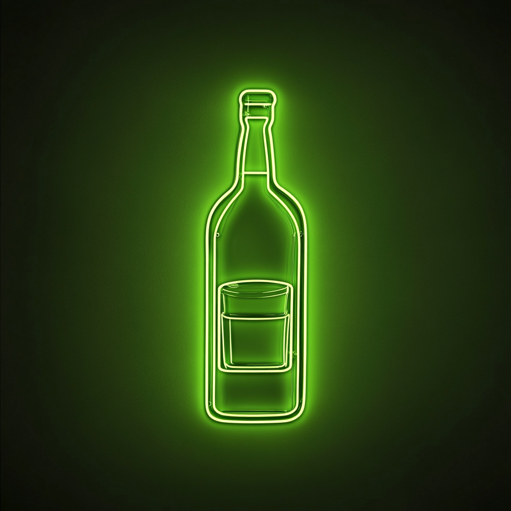 Bottle of Whiskey with Glass - Green Neon Sign, 24 Inches