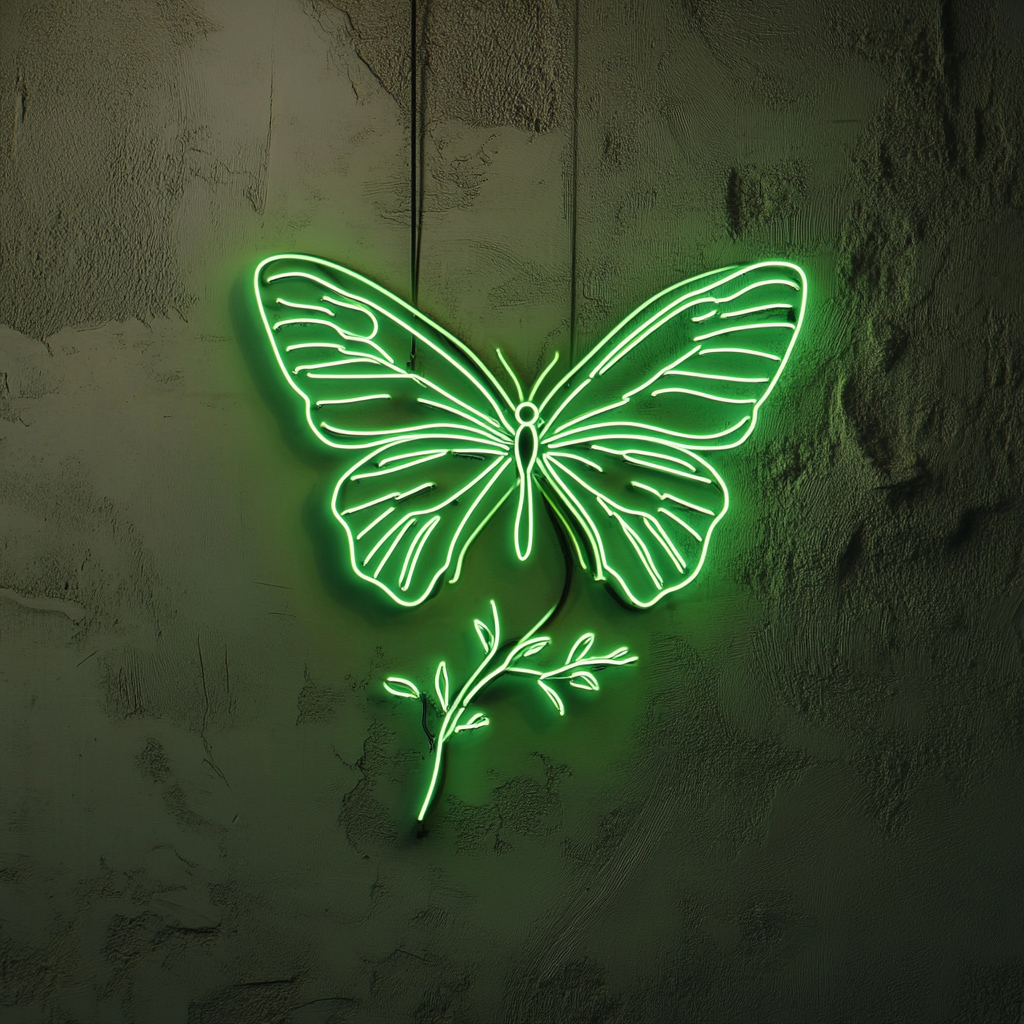 Butterfly on Branch - Green Neon Sign, 24 Inches