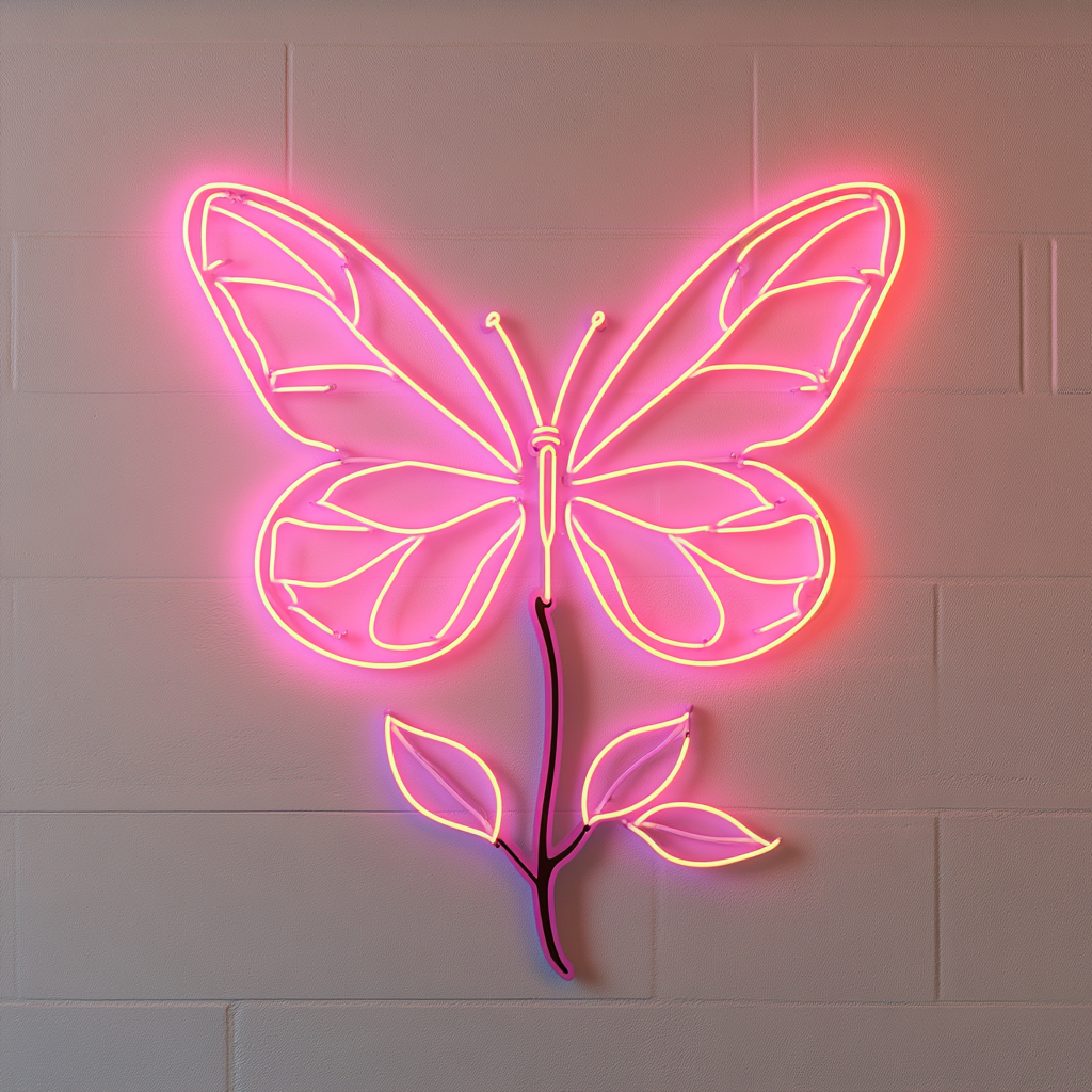 Butterfly on Branch - Pink Neon Sign, 18 Inches