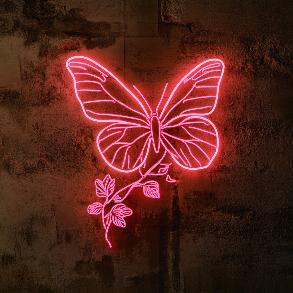 Butterfly on Branch - Pink Neon Sign, 18 Inches