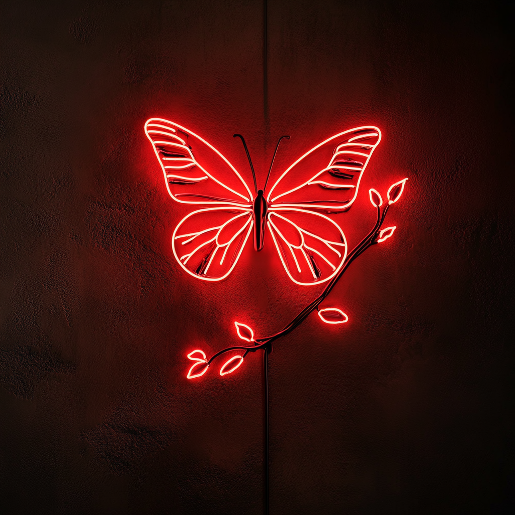 Butterfly on Branch - Red Neon Sign, 18 Inches