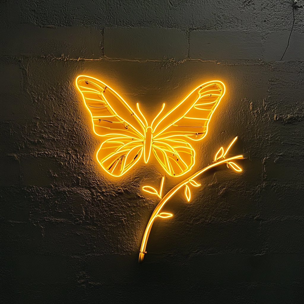 Butterfly on Branch - Yellow Neon Sign, 18 Inches
