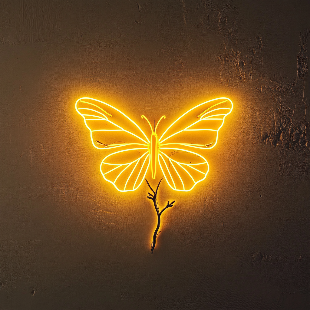 Butterfly on Branch - Yellow Neon Sign, 18 Inches