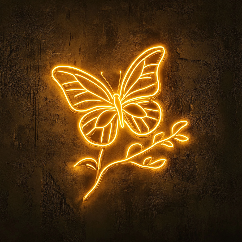 Butterfly on Branch - Yellow Neon Sign, 18 Inches