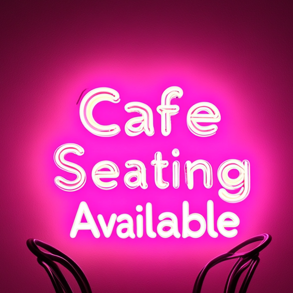 "Cafe Seating Available" - Pink Neon Sign, 24 Inches