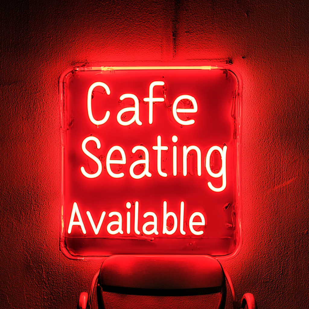 "Cafe Seating Available" - Red Neon Sign, 24 Inches
