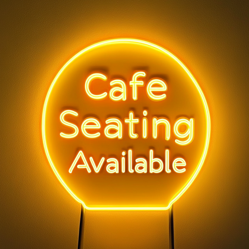 "Cafe Seating Available" - Yellow Neon Sign, 24 Inches
