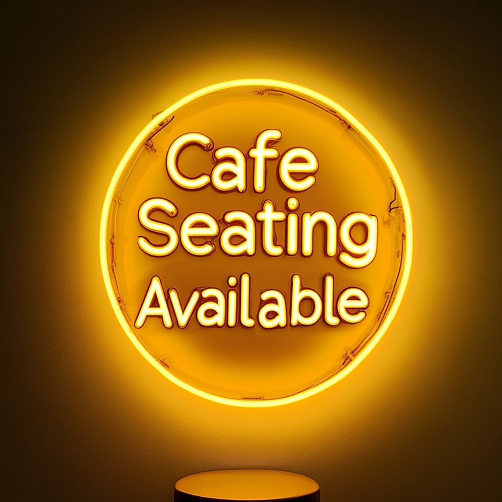 "Cafe Seating Available" - Yellow Neon Sign, 24 Inches
