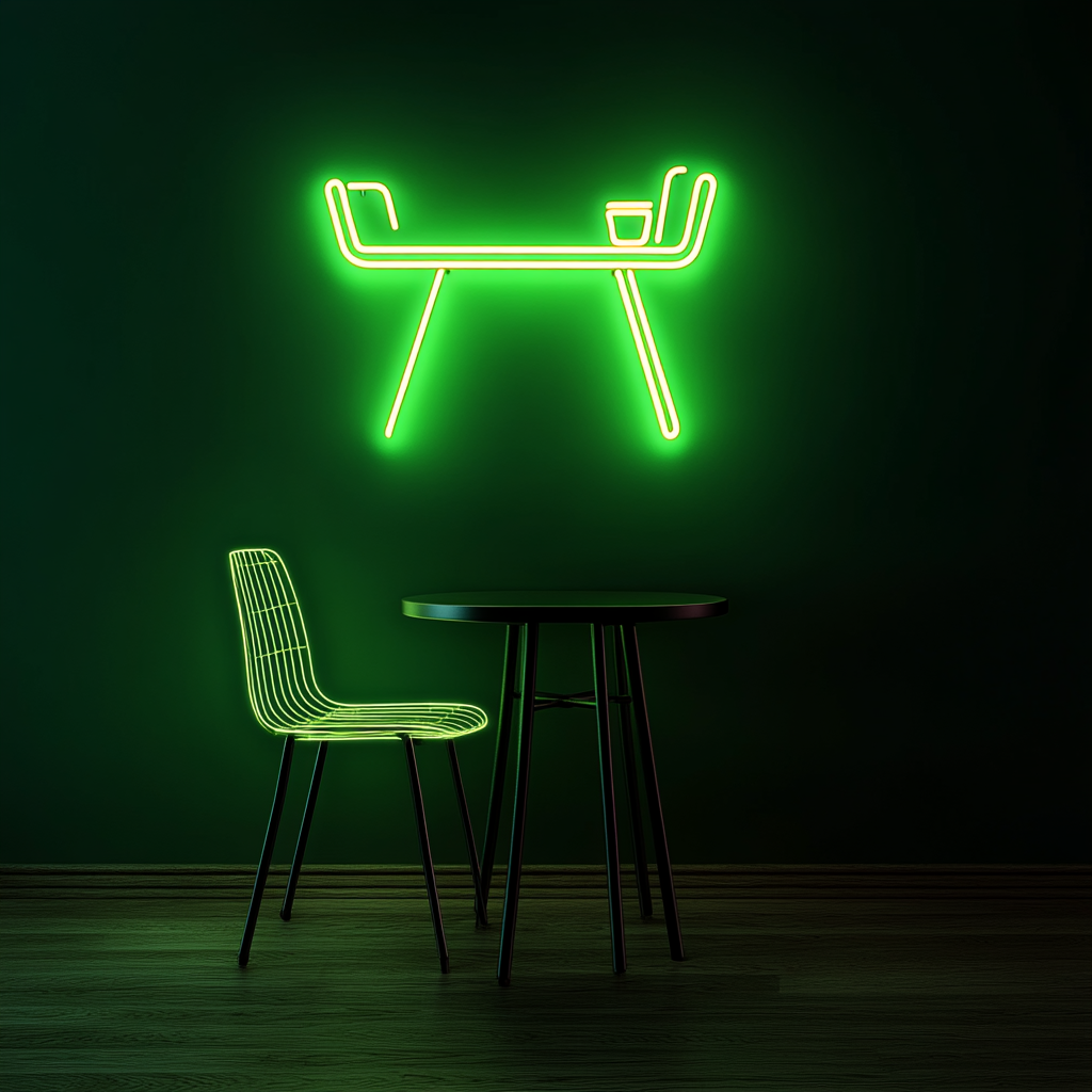 Cafe Table with Chair - Green Neon Sign, 18 Inches