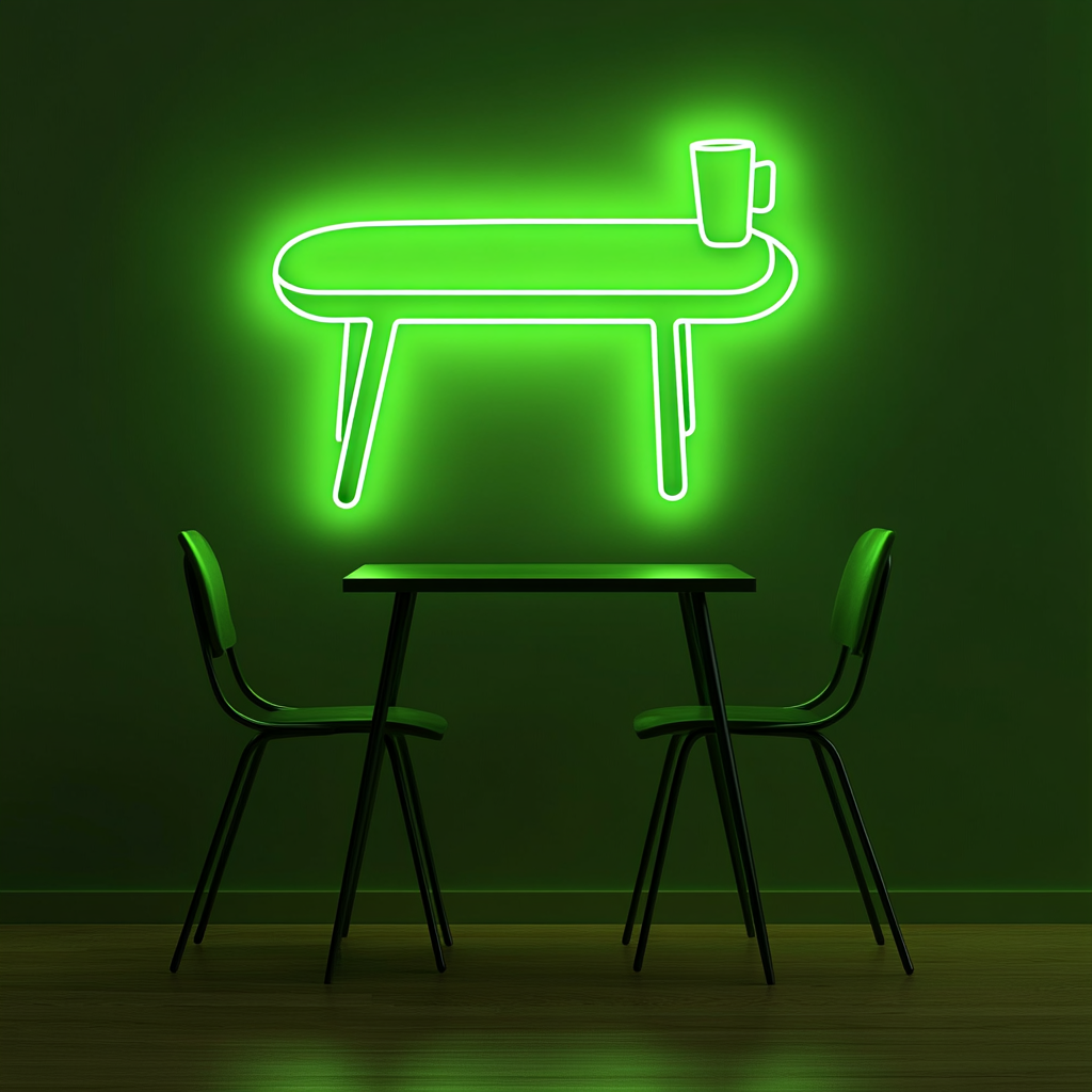 Cafe Table with Chair - Green Neon Sign, 18 Inches