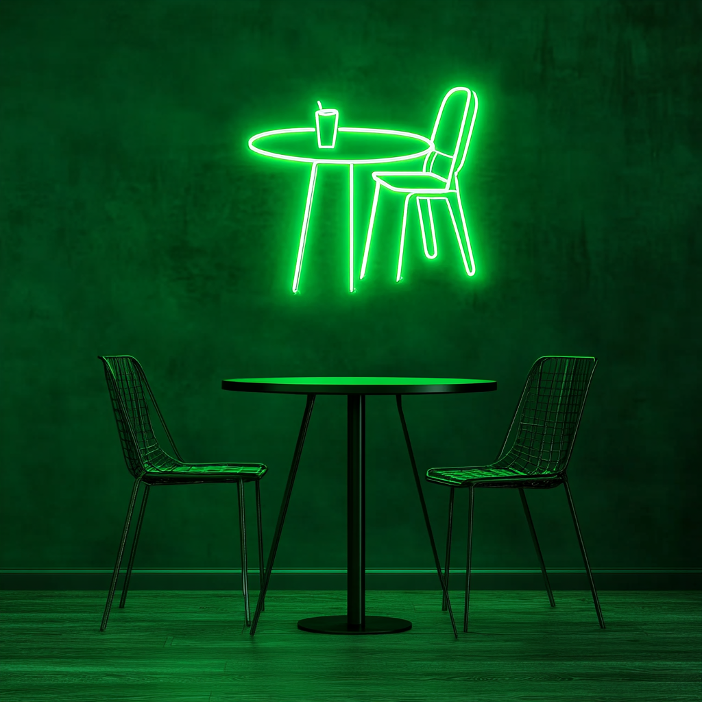 Cafe Table with Chair - Green Neon Sign, 18 Inches