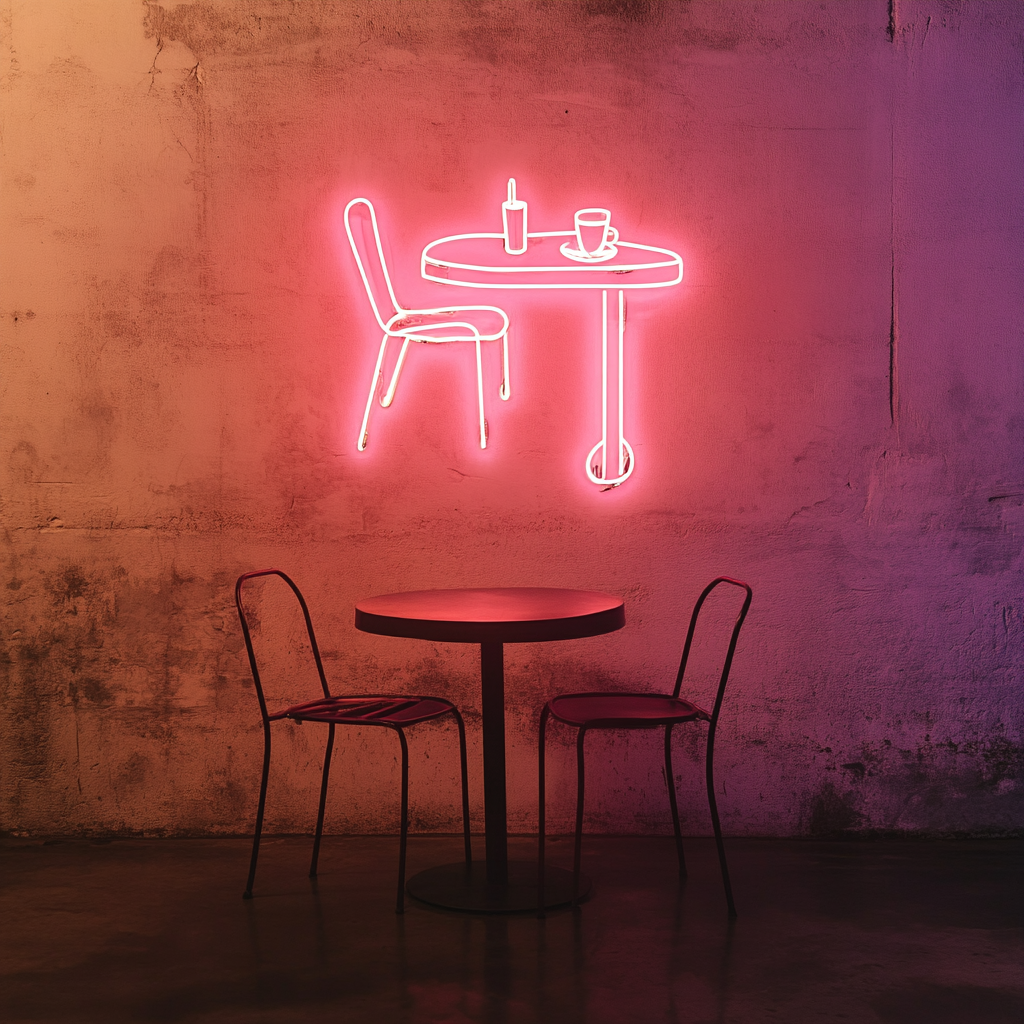 Cafe Table with Chair - Pink Neon Sign, 18 Inches
