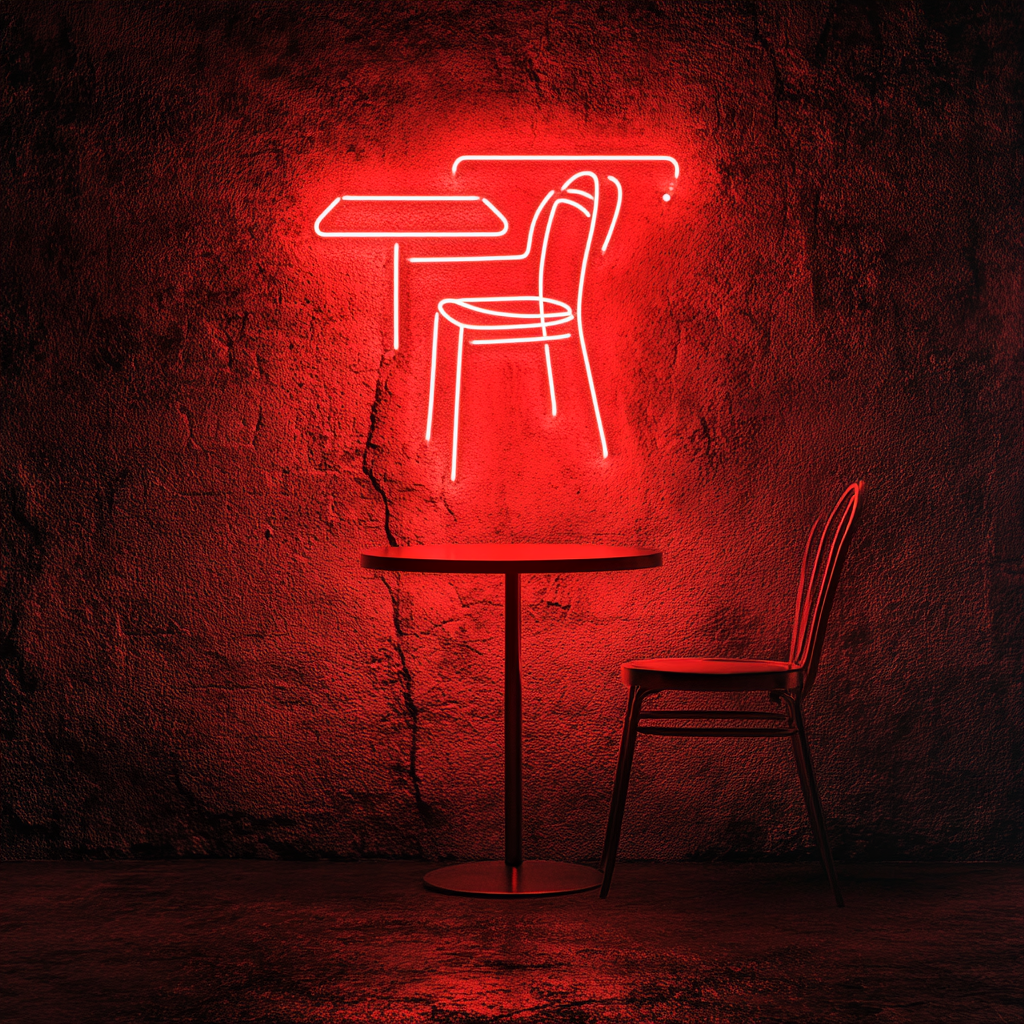 Cafe Table with Chair - Red Neon Sign, 18 Inches