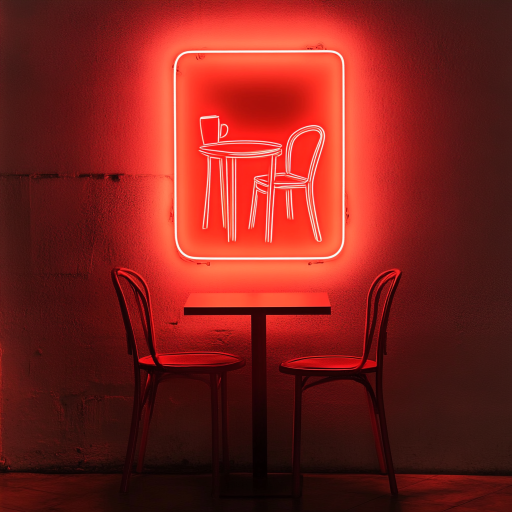 Cafe Table with Chair - Red Neon Sign, 18 Inches