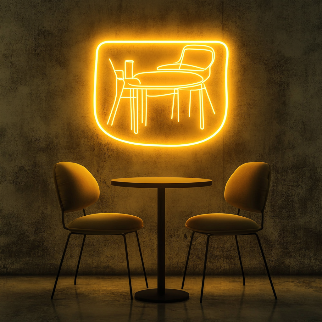 Cafe Table with Chair - Yellow Neon Sign, 18 Inches