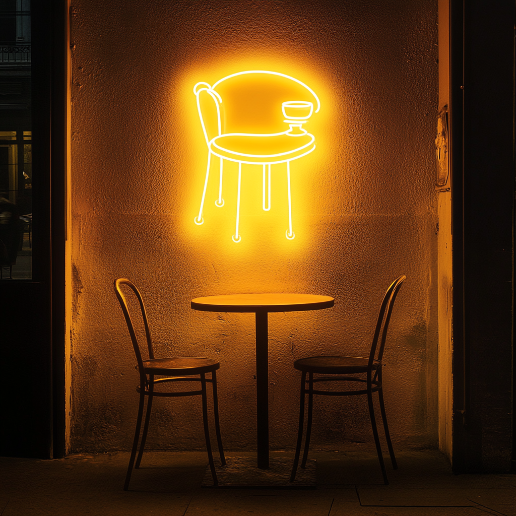 Cafe Table with Chair - Yellow Neon Sign, 18 Inches