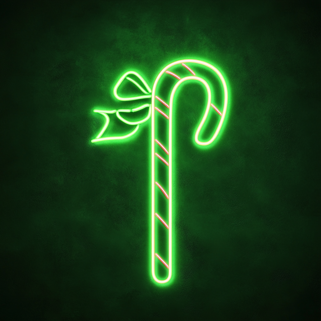 Candy Cane with Bow - Green Neon Sign, 18 Inches