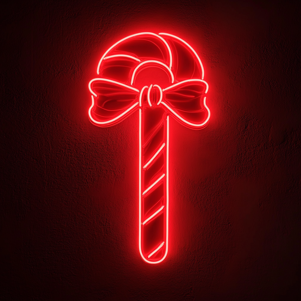 Candy Cane with Bow - Red Neon Sign, 18 Inches